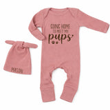 Custom Baby Bodysuit with 'Going Home to Meet My Pups' Quote, Soft Cotton Newborn Outfit with Hat, Perfect for Dog-Loving Families