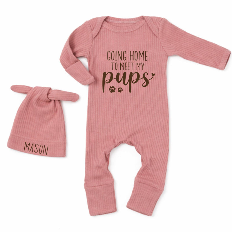 Custom Baby Bodysuit with 'Going Home to Meet My Pups' Quote, Soft Cotton Newborn Outfit with Hat, Perfect for Dog-Loving Families