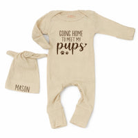 Custom Baby Bodysuit with 'Going Home to Meet My Pups' Quote, Soft Cotton Newborn Outfit with Hat, Perfect for Dog-Loving Families