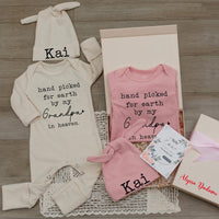 Personalized Baby Bodysuit and Hat Set - 'Hand Picked for Earth by My Grandpa in Heaven' Design - Newborn Gift, Soft Cotton, Baby Shower Outfit