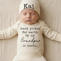 Personalized Baby Bodysuit and Hat Set - 'Hand Picked for Earth by My Grandpa in Heaven' Design - Newborn Gift, Soft Cotton, Baby Shower Outfit