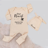 Custom Baby Bodysuit & Hat Set, Airplane Theme 'Our Newest Carry-On' Artwork, Soft Cotton Newborn Outfit, Personalized Gift for Baby Boy Girl