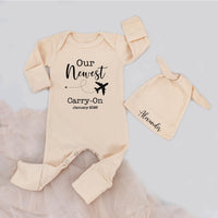Custom Baby Bodysuit & Hat Set, Airplane Theme 'Our Newest Carry-On' Artwork, Soft Cotton Newborn Outfit, Personalized Gift for Baby Boy Girl