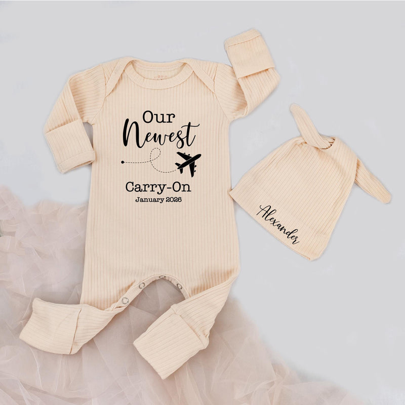 Custom Baby Bodysuit & Hat Set, Airplane Theme 'Our Newest Carry-On' Artwork, Soft Cotton Newborn Outfit, Personalized Gift for Baby Boy Girl