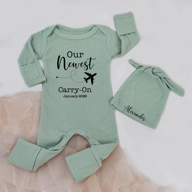 Custom Baby Bodysuit & Hat Set, Airplane Theme 'Our Newest Carry-On' Artwork, Soft Cotton Newborn Outfit, Personalized Gift for Baby Boy Girl