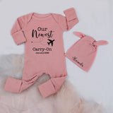 Custom Baby Bodysuit & Hat Set, Airplane Theme 'Our Newest Carry-On' Artwork, Soft Cotton Newborn Outfit, Personalized Gift for Baby Boy Girl