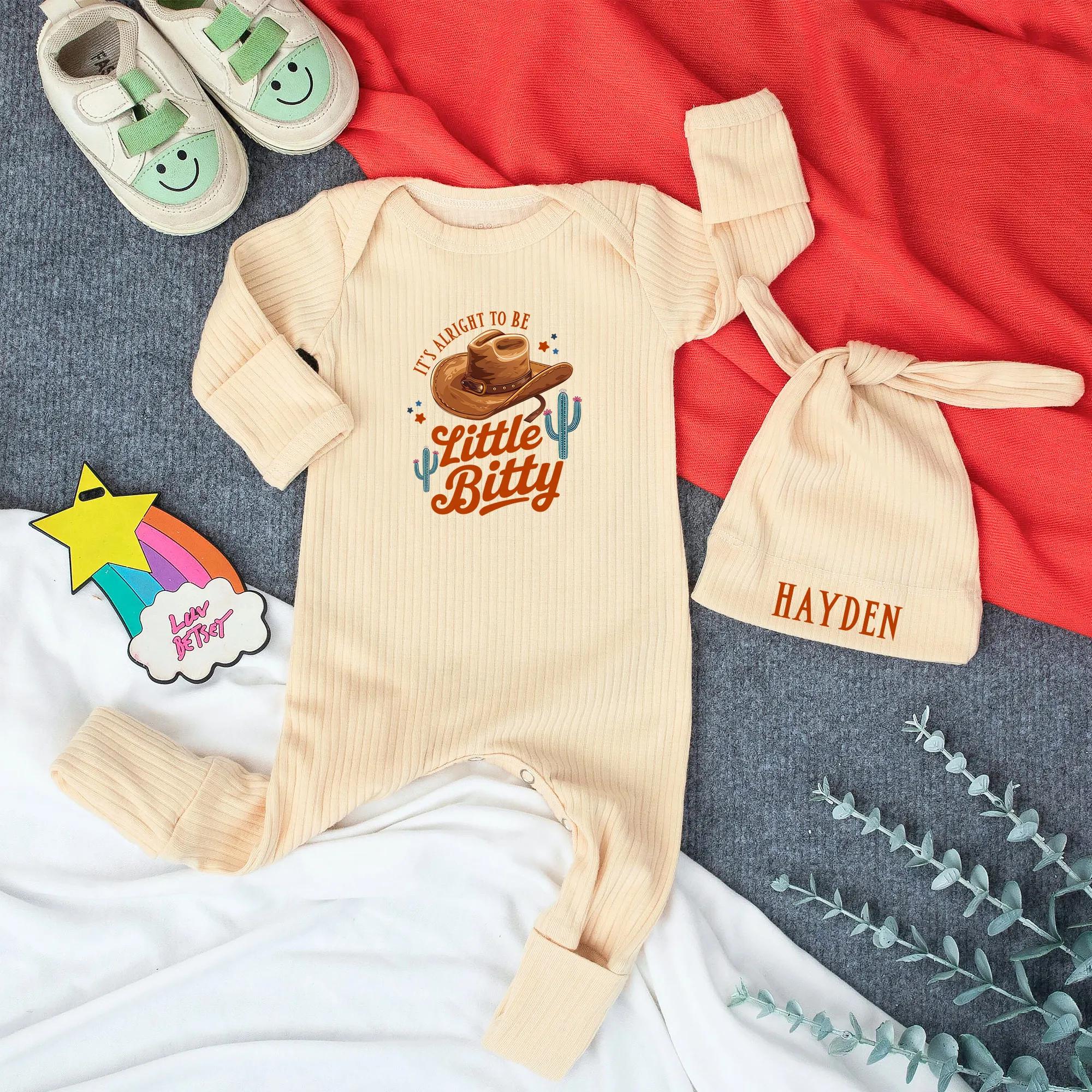 Custom Baby Bodysuit and Hat Set with Boho Western Design, It's Alright to Be Little Bitty Quote, Soft Cotton Newborn Coming Home Outfit