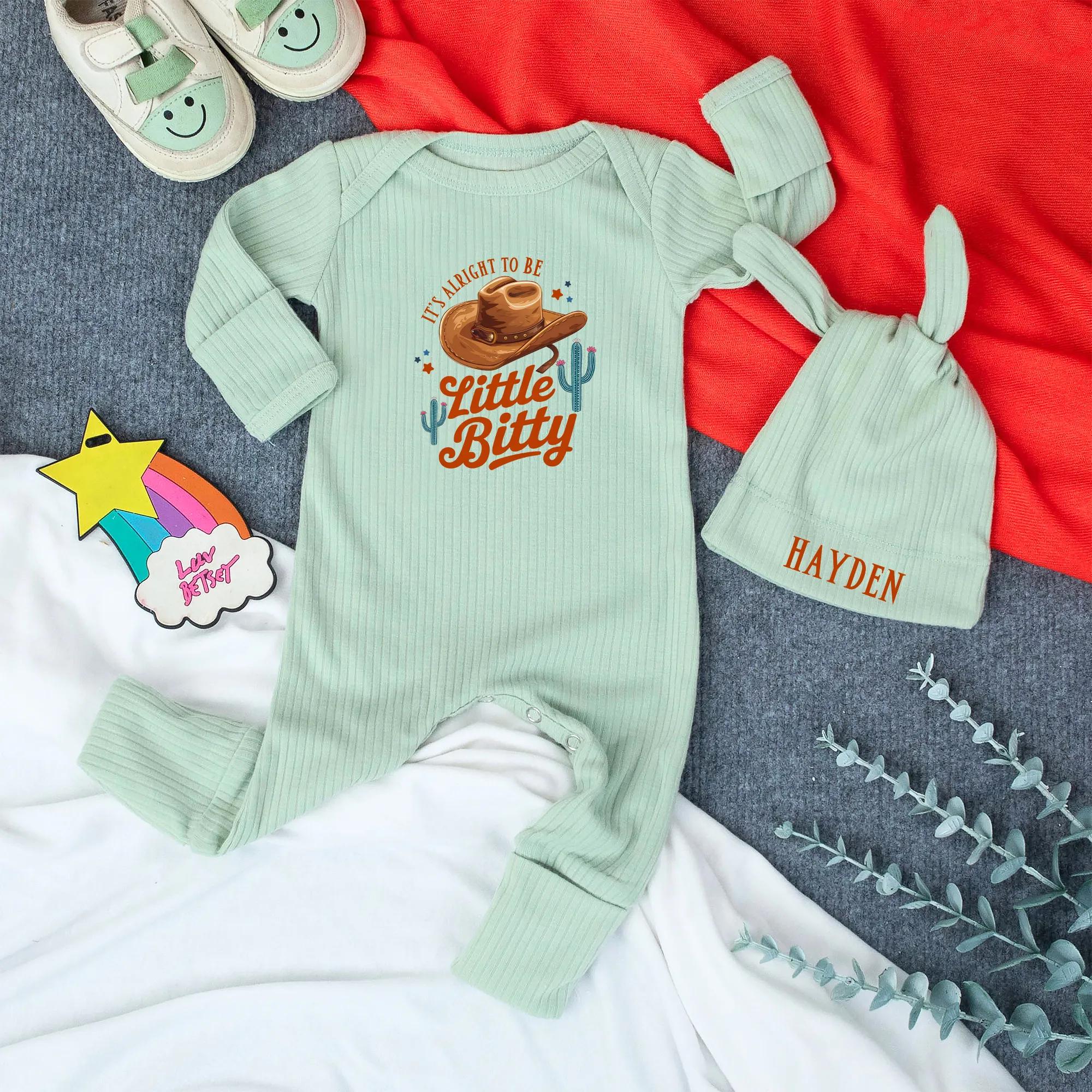 Custom Baby Bodysuit and Hat Set with Boho Western Design, It's Alright to Be Little Bitty Quote, Soft Cotton Newborn Coming Home Outfit
