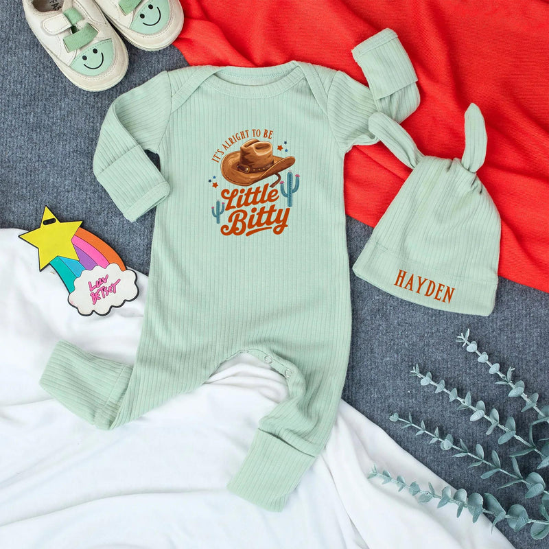 Custom Baby Bodysuit and Hat Set with Boho Western Design, It's Alright to Be Little Bitty Quote, Soft Cotton Newborn Coming Home Outfit