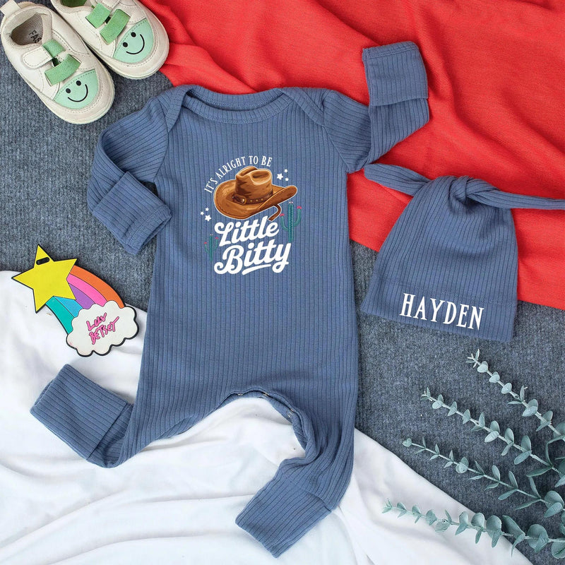 Custom Baby Bodysuit and Hat Set with Boho Western Design, It's Alright to Be Little Bitty Quote, Soft Cotton Newborn Coming Home Outfit