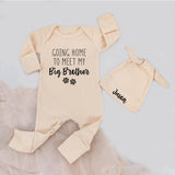 Custom Baby Bodysuit and Hat Set - 'Going Home to Meet My Big Brother' Text, Paw Motif, Soft Cotton Newborn Outfit for Hospital Arrival