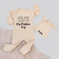 Custom Baby Bodysuit and Hat Set - 'Going Home to Meet My Big Brother' Text, Paw Motif, Soft Cotton Newborn Outfit for Hospital Arrival