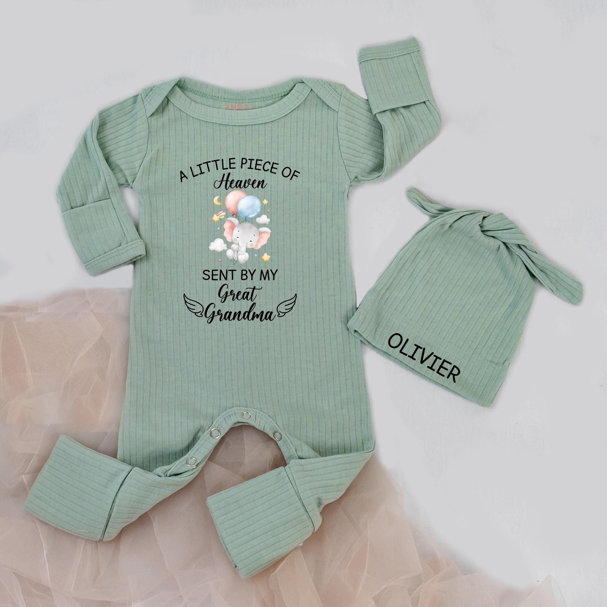 Custom Baby Bodysuit and Hat Set with 'A Little Piece of Heaven' Quote, Soft Cotton Newborn Outfit, Great Grandma Gift, Baby Shower Keepsake
