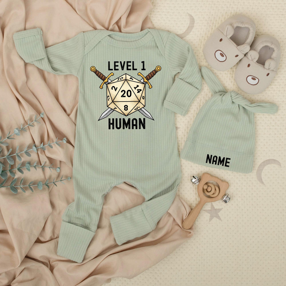 Custom Baby Bodysuit and Hat Set with Name Level 1 Human Design for Newborns Soft Cotton New Baby Gift Coming Home Outfit Gaming Theme