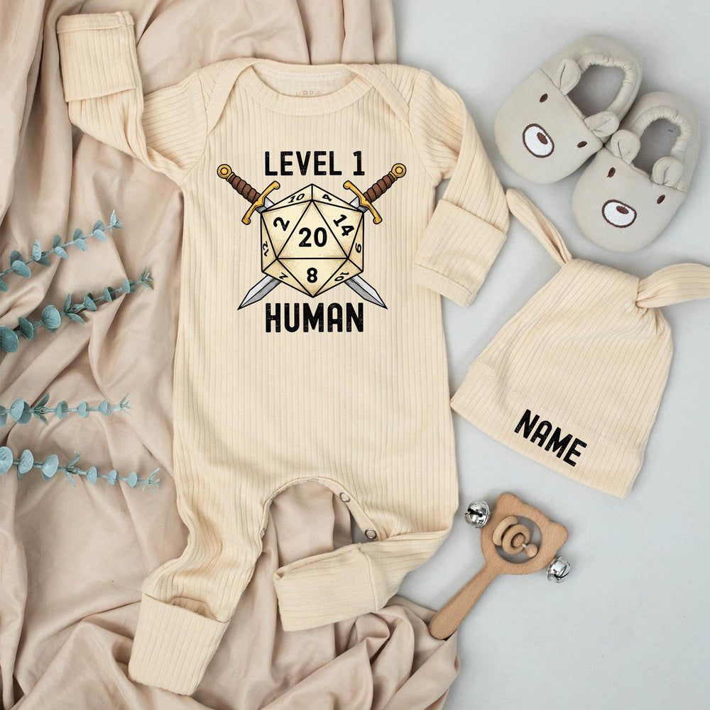 Custom Baby Bodysuit and Hat Set with Name Level 1 Human Design for Newborns Soft Cotton New Baby Gift Coming Home Outfit Gaming Theme