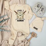 Custom Baby Bodysuit and Hat Set with Name Level 1 Human Design for Newborns Soft Cotton New Baby Gift Coming Home Outfit Gaming Theme