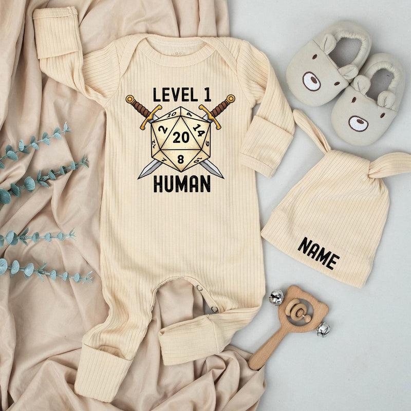 Custom Baby Bodysuit and Hat Set with Name Level 1 Human Design for Newborns Soft Cotton New Baby Gift Coming Home Outfit Gaming Theme