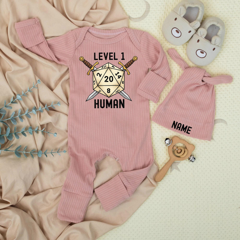 Custom Baby Bodysuit and Hat Set with Name Level 1 Human Design for Newborns Soft Cotton New Baby Gift Coming Home Outfit Gaming Theme