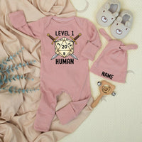 Custom Baby Bodysuit and Hat Set with Name Level 1 Human Design for Newborns Soft Cotton New Baby Gift Coming Home Outfit Gaming Theme