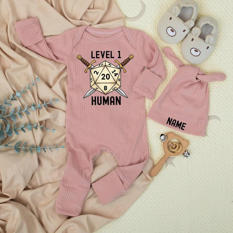 Custom Baby Bodysuit and Hat Set with Name Level 1 Human Design for Newborns Soft Cotton New Baby Gift Coming Home Outfit Gaming Theme