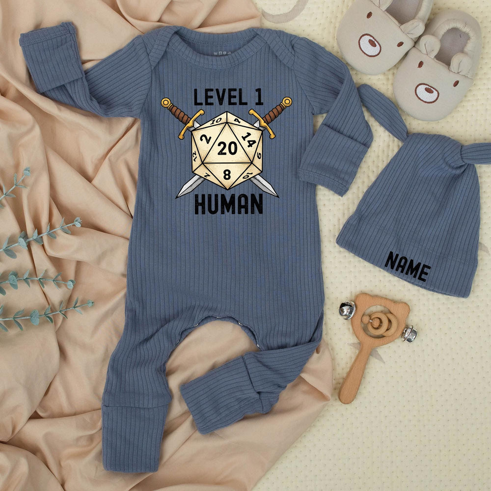 Custom Baby Bodysuit and Hat Set with Name Level 1 Human Design for Newborns Soft Cotton New Baby Gift Coming Home Outfit Gaming Theme