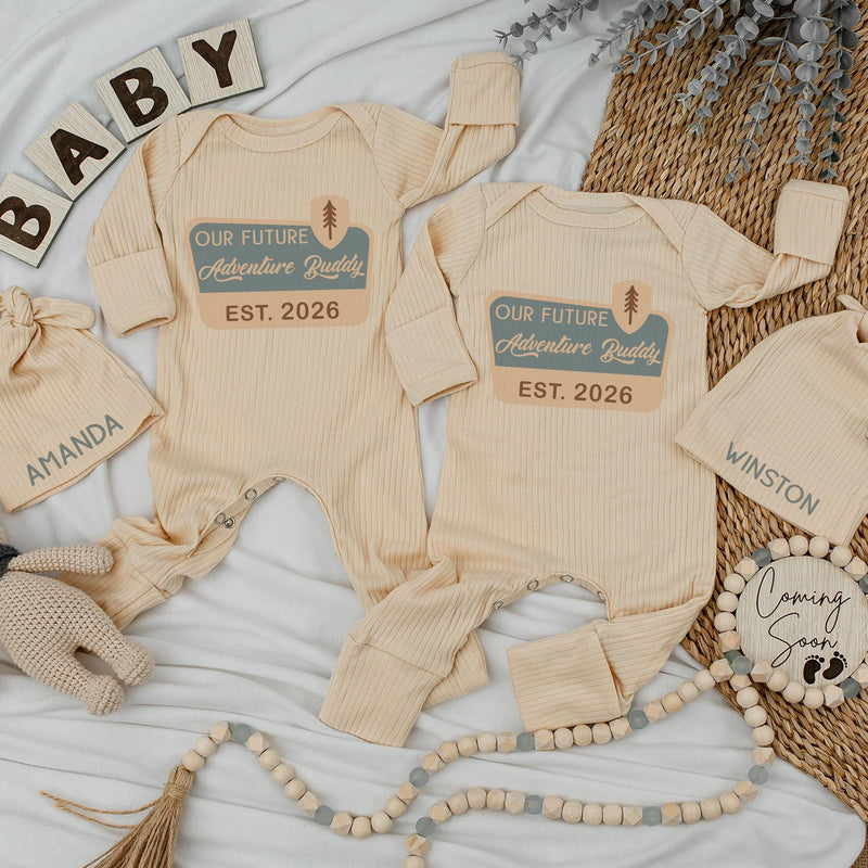 Custom Baby Bodysuit and Hat Set, Our Future Adventure Buddy Design, Infant Long Sleeve Romper, Soft Cotton, Perfect Baby Shower Gift