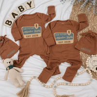 Custom Baby Bodysuit and Hat Set, Our Future Adventure Buddy Design, Infant Long Sleeve Romper, Soft Cotton, Perfect Baby Shower Gift