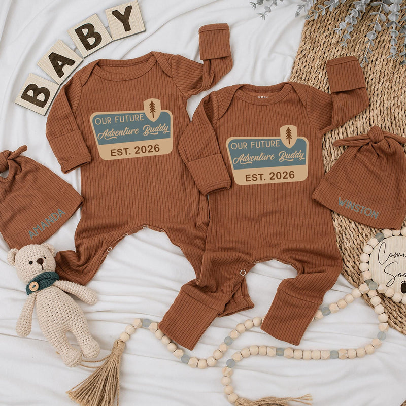 Custom Baby Bodysuit and Hat Set, Our Future Adventure Buddy Design, Infant Long Sleeve Romper, Soft Cotton, Perfect Baby Shower Gift