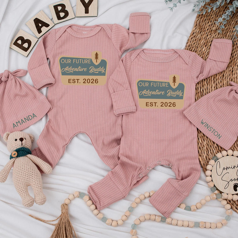 Custom Baby Bodysuit and Hat Set, Our Future Adventure Buddy Design, Infant Long Sleeve Romper, Soft Cotton, Perfect Baby Shower Gift
