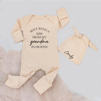 Custom Baby Bodysuit and Hat Set with 'Sent with a Kiss from My Grandma in Heaven' Quote, Soft Cotton Newborn Outfit, Baby Shower Gift