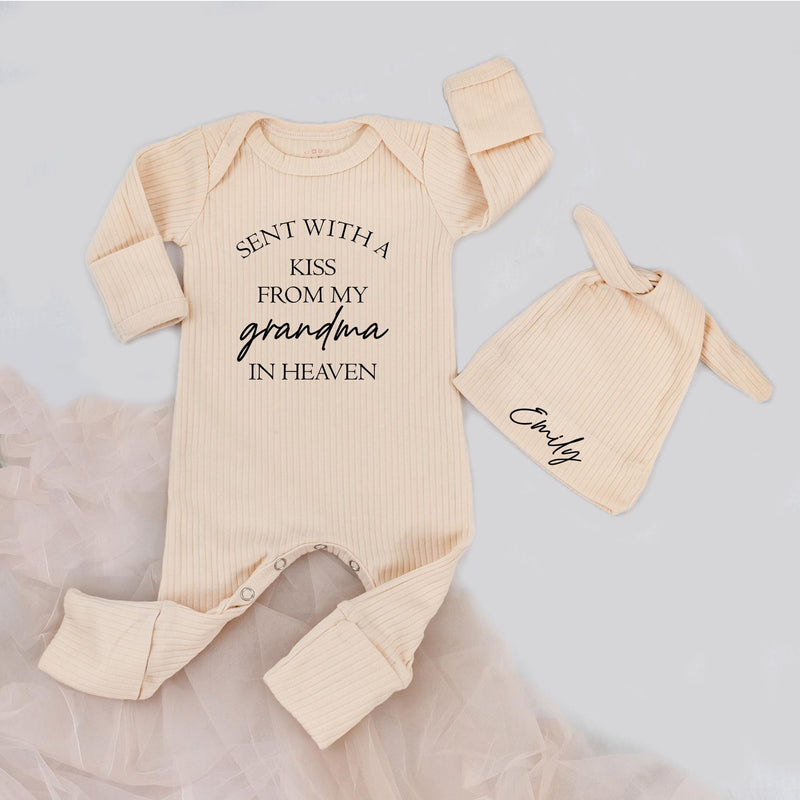 Custom Baby Bodysuit and Hat Set with 'Sent with a Kiss from My Grandma in Heaven' Quote, Soft Cotton Newborn Outfit, Baby Shower Gift