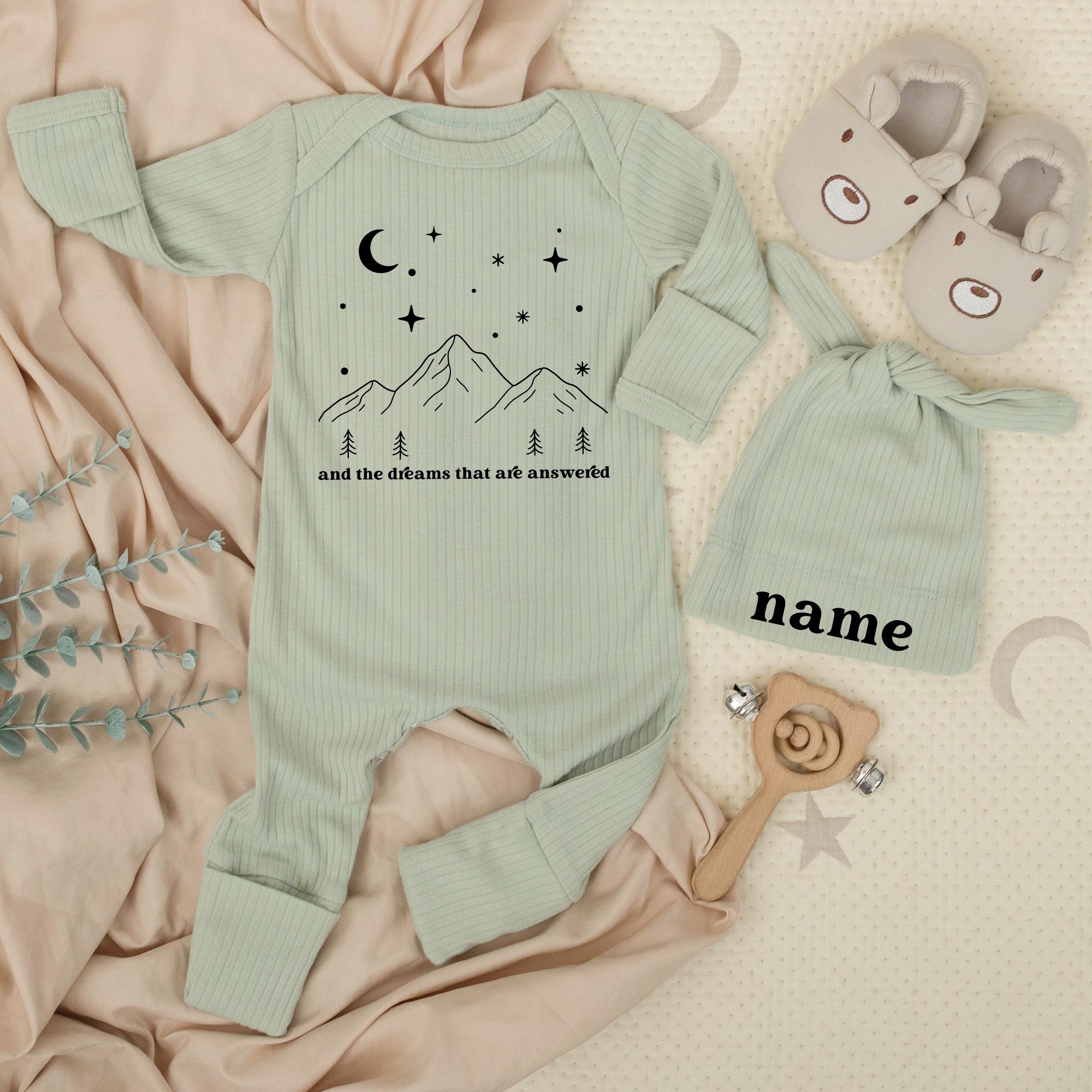 Custom Baby Bodysuit with Mountain and Stars Design, Soft Cotton Infant Romper with Hat, Personalized Name, Newborn Coming Home Outfit