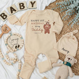 Custom Baby Bodysuit for New Dads Cute Bear Design 1st Birthday Gift Infant Outfit Personalized with Name Soft Party Hat Brown