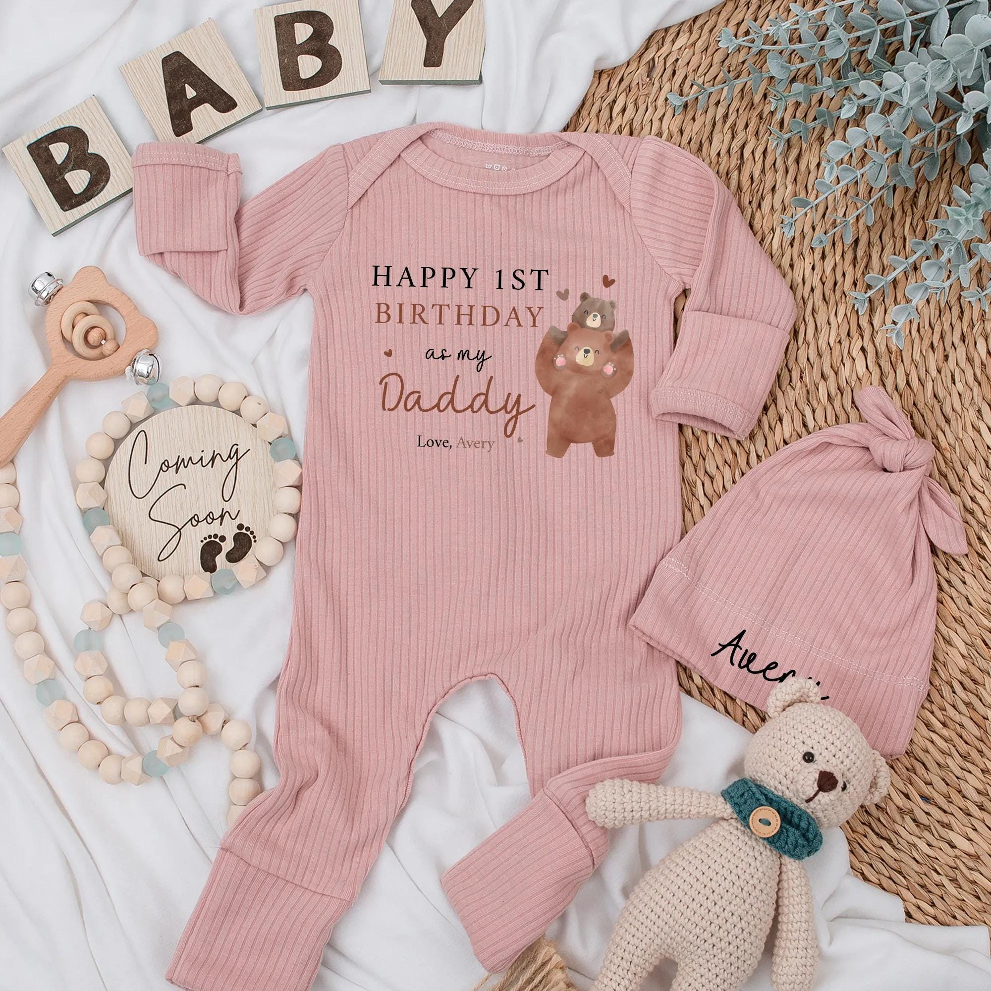 Custom Baby Bodysuit for New Dads Cute Bear Design 1st Birthday Gift Infant Outfit Personalized with Name Soft Party Hat Brown