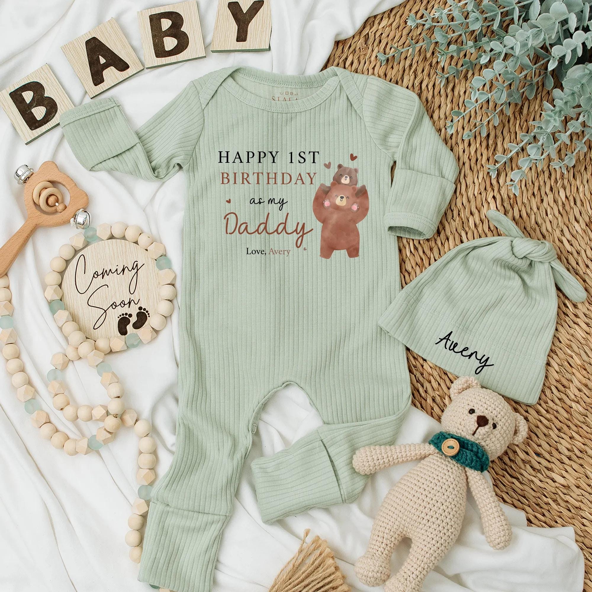 Custom Baby Bodysuit for New Dads Cute Bear Design 1st Birthday Gift Infant Outfit Personalized with Name Soft Party Hat Brown