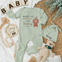 Custom Baby Bodysuit for New Dads Cute Bear Design 1st Birthday Gift Infant Outfit Personalized with Name Soft Party Hat Brown