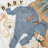 Custom Baby Bodysuit for New Dads Cute Bear Design 1st Birthday Gift Infant Outfit Personalized with Name Soft Party Hat Brown