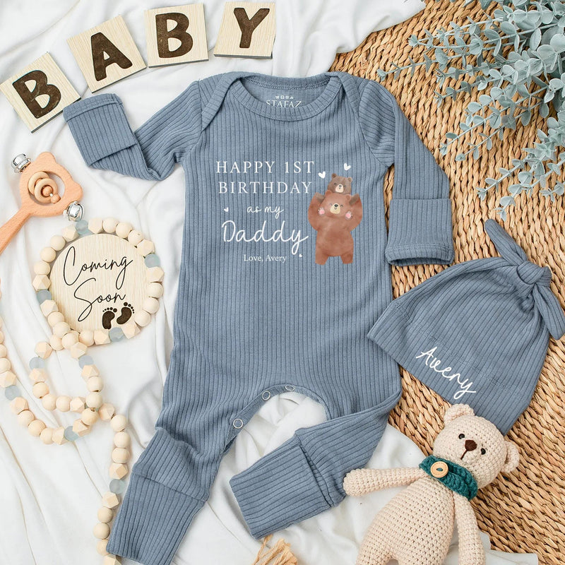 Custom Baby Bodysuit for New Dads Cute Bear Design 1st Birthday Gift Infant Outfit Personalized with Name Soft Party Hat Brown