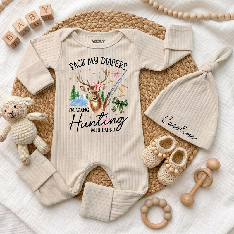 Custom Baby Bodysuit Pack My Diapers I'm Going Hunting with Daddy Outfit, Soft Cotton Long Sleeve Romper Set, Baby Shower Gift