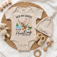 Custom Baby Bodysuit Pack My Diapers I'm Going Hunting with Daddy Outfit, Soft Cotton Long Sleeve Romper Set, Baby Shower Gift