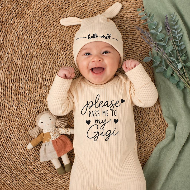 Custom Baby Bodysuit with 'Please Pass Me to My Gigi' Quote, Soft Cotton Newborn Romper & Hat Set, Perfect Baby Shower Keepsake Gift