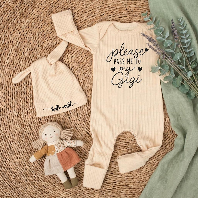 Custom Baby Bodysuit with 'Please Pass Me to My Gigi' Quote, Soft Cotton Newborn Romper & Hat Set, Perfect Baby Shower Keepsake Gift