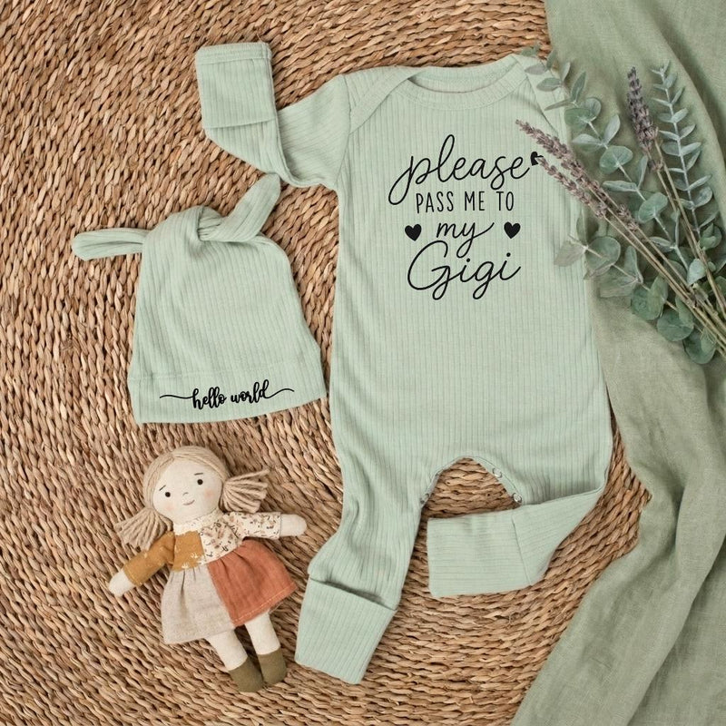 Custom Baby Bodysuit with 'Please Pass Me to My Gigi' Quote, Soft Cotton Newborn Romper & Hat Set, Perfect Baby Shower Keepsake Gift