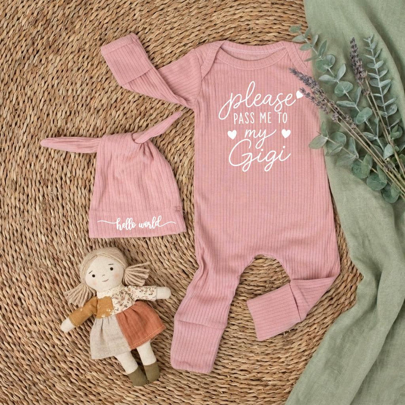 Custom Baby Bodysuit with 'Please Pass Me to My Gigi' Quote, Soft Cotton Newborn Romper & Hat Set, Perfect Baby Shower Keepsake Gift