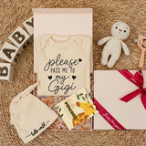 Custom Baby Bodysuit with 'Please Pass Me to My Gigi' Quote, Soft Cotton Newborn Romper & Hat Set, Perfect Baby Shower Keepsake Gift