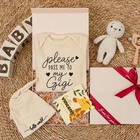 Custom Baby Bodysuit with 'Please Pass Me to My Gigi' Quote, Soft Cotton Newborn Romper & Hat Set, Perfect Baby Shower Keepsake Gift