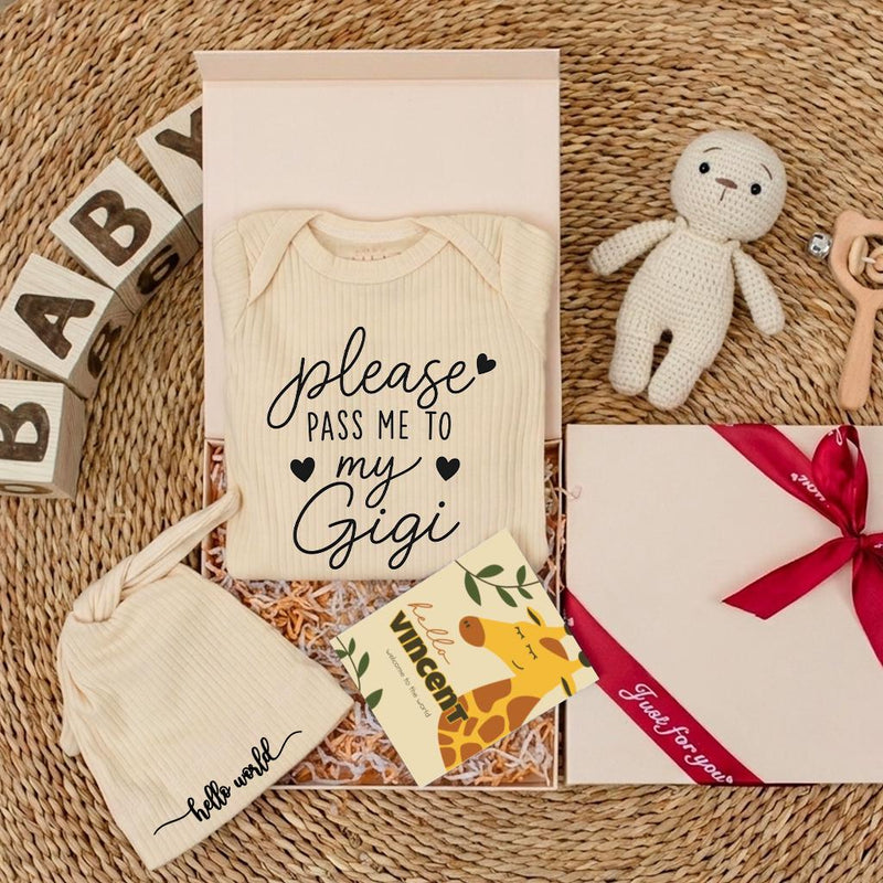 Custom Baby Bodysuit with 'Please Pass Me to My Gigi' Quote, Soft Cotton Newborn Romper & Hat Set, Perfect Baby Shower Keepsake Gift