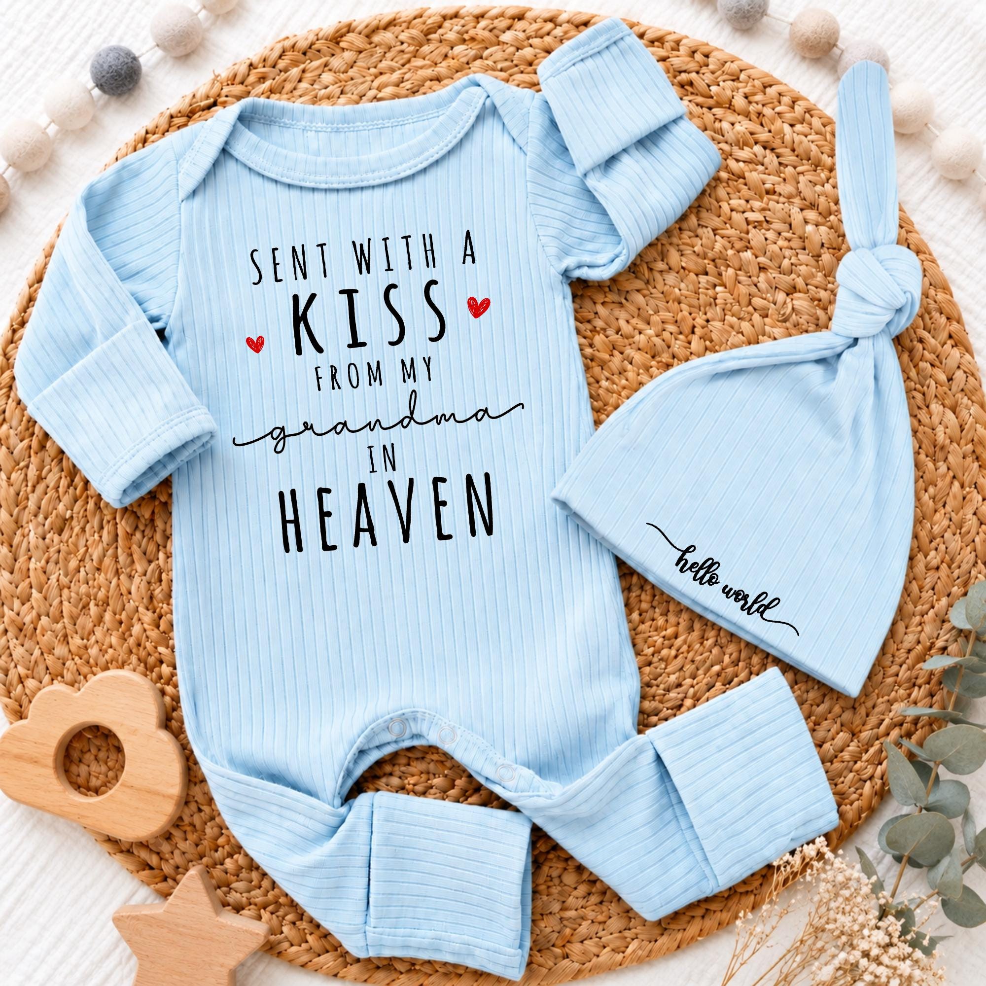 Custom Baby Bodysuit Sent with a Kiss from Grandma in Heaven, Soft Cotton Newborn Outfit with Hat, Perfect Coming Home or Baby Shower Gift