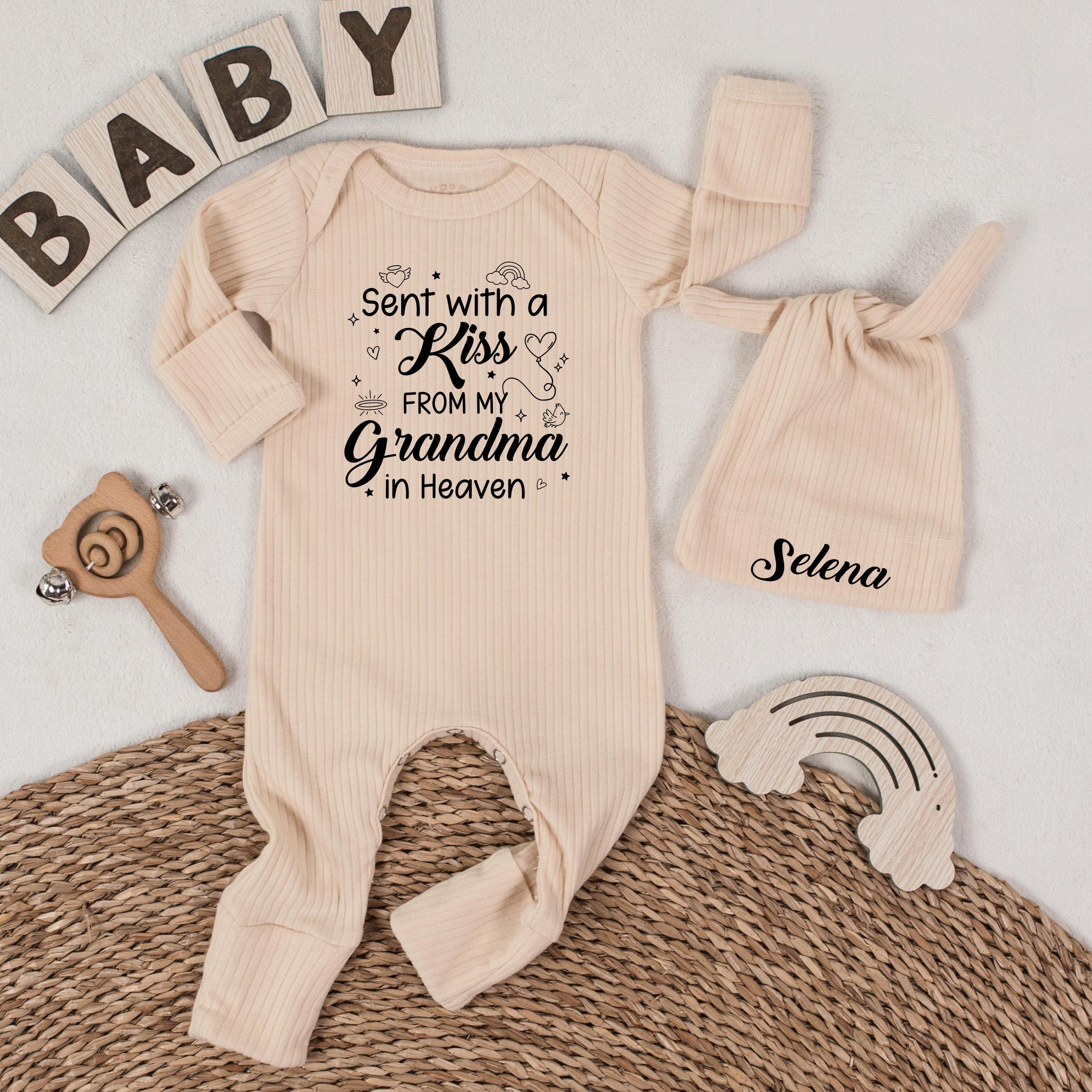 Custom Baby Bodysuit with 'Sent with a Kiss from My Grandma in Heaven' Artwork, Soft Cotton Newborn Outfit, Memorial Baby Gift Set