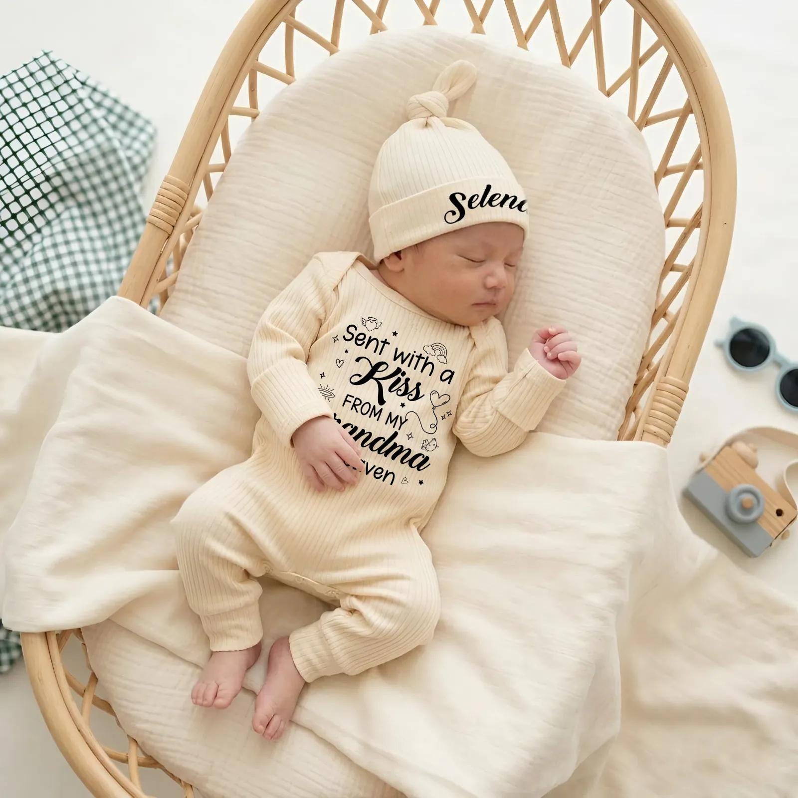 Custom Baby Bodysuit with 'Sent with a Kiss from My Grandma in Heaven' Artwork, Soft Cotton Newborn Outfit, Memorial Baby Gift Set